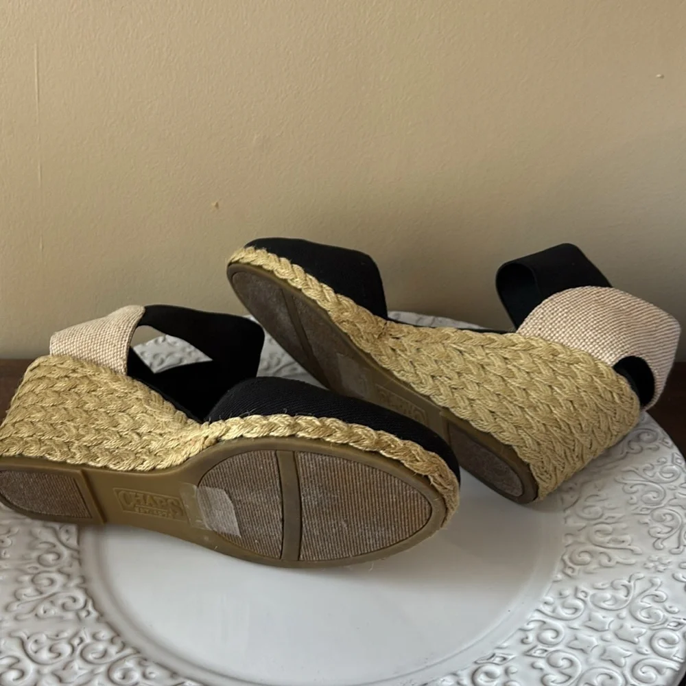 Chaps Black and Natural Espadrille Wedge Sandals with Ankle Band